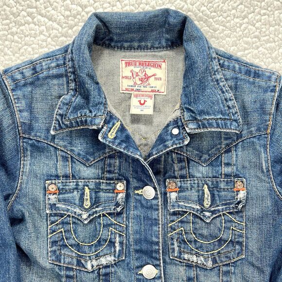 True Religion Denim Trucker Jacket Jimmy Women’s Medium Distressed Y2K - Picture 2 of 14
